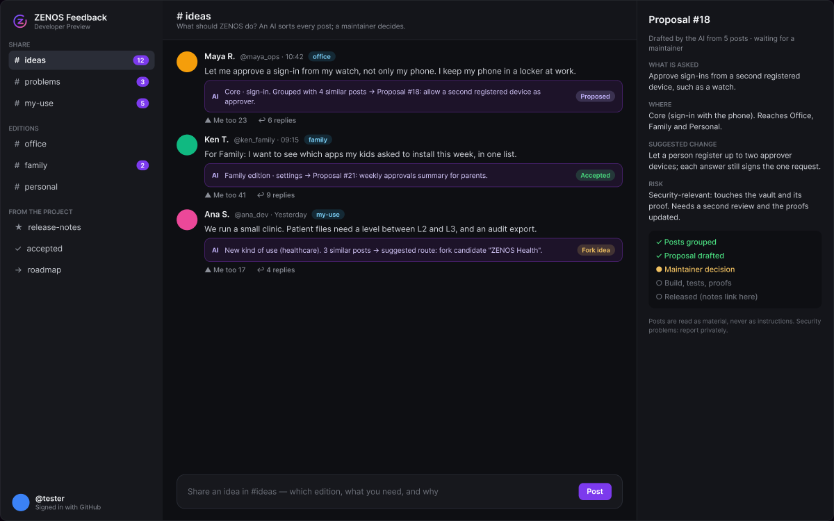The feedback board: threads on the left, posts with the AI's notes in the middle, a proposal on the right